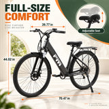 SUNNIGOO M2 PLUS electric bike dimensions – 70.47 in long, 26.77 in handlebar width, adjustable saddle