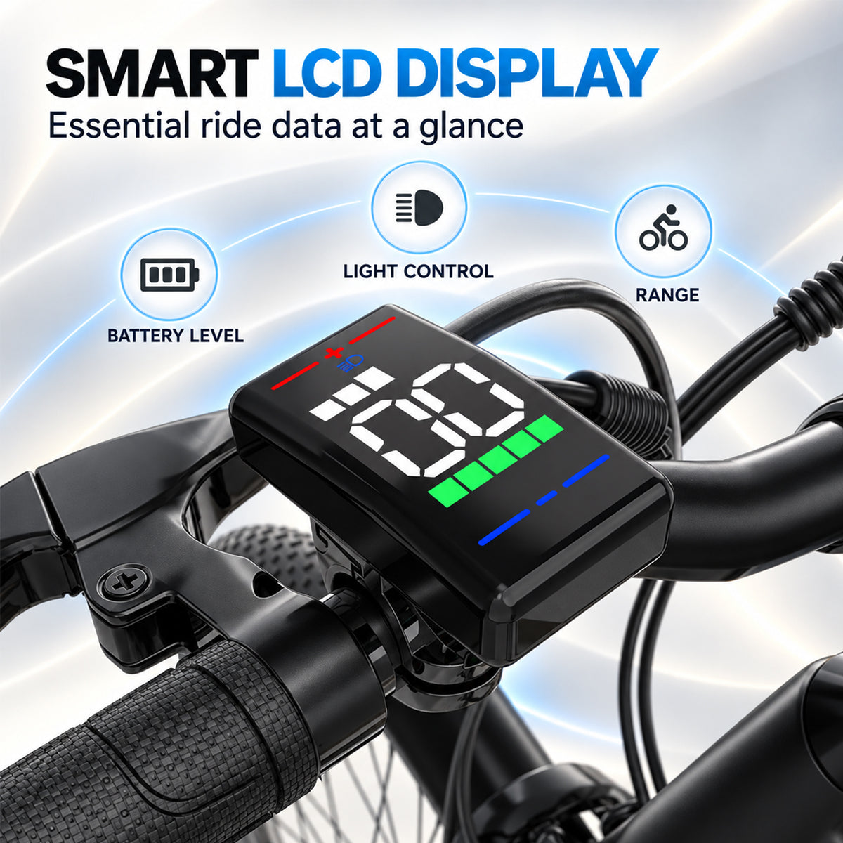SUNNIGOO M1 colour LCD display showing speed and assist level – battery level, light control and range indicators