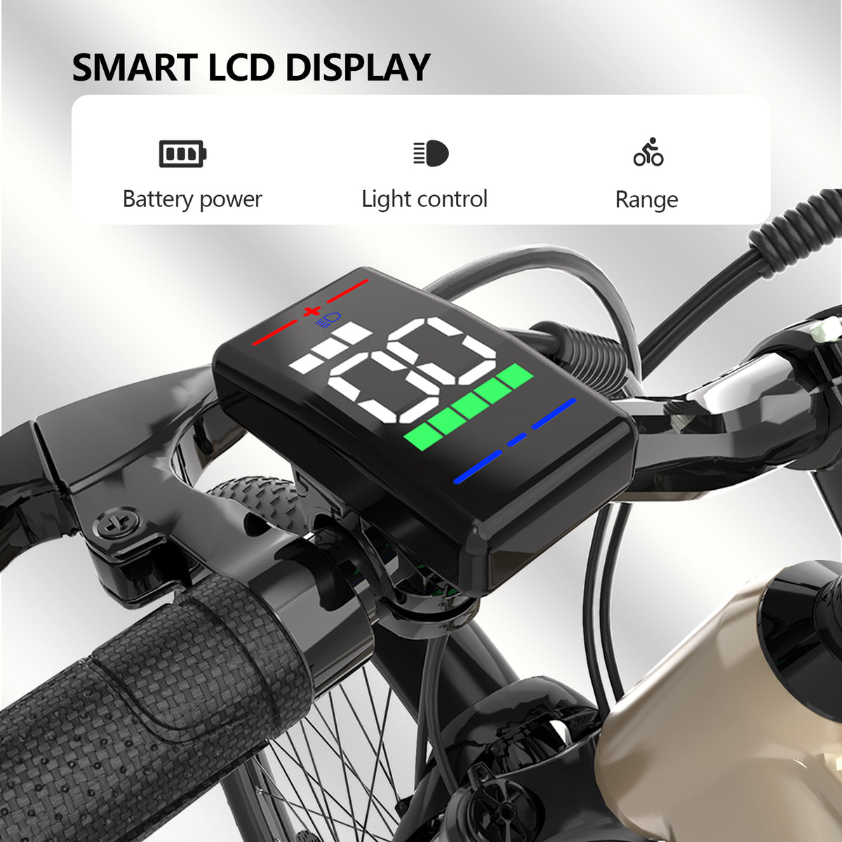 SUNNIGOO M1 smart LCD display – essential ride data at a glance: battery power, light control, range