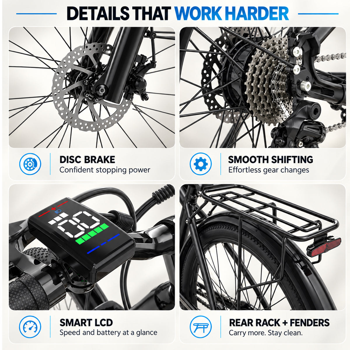 SUNNIGOO M1 details that work harder – disc brake, smooth shifting, smart LCD and rear rack with fenders