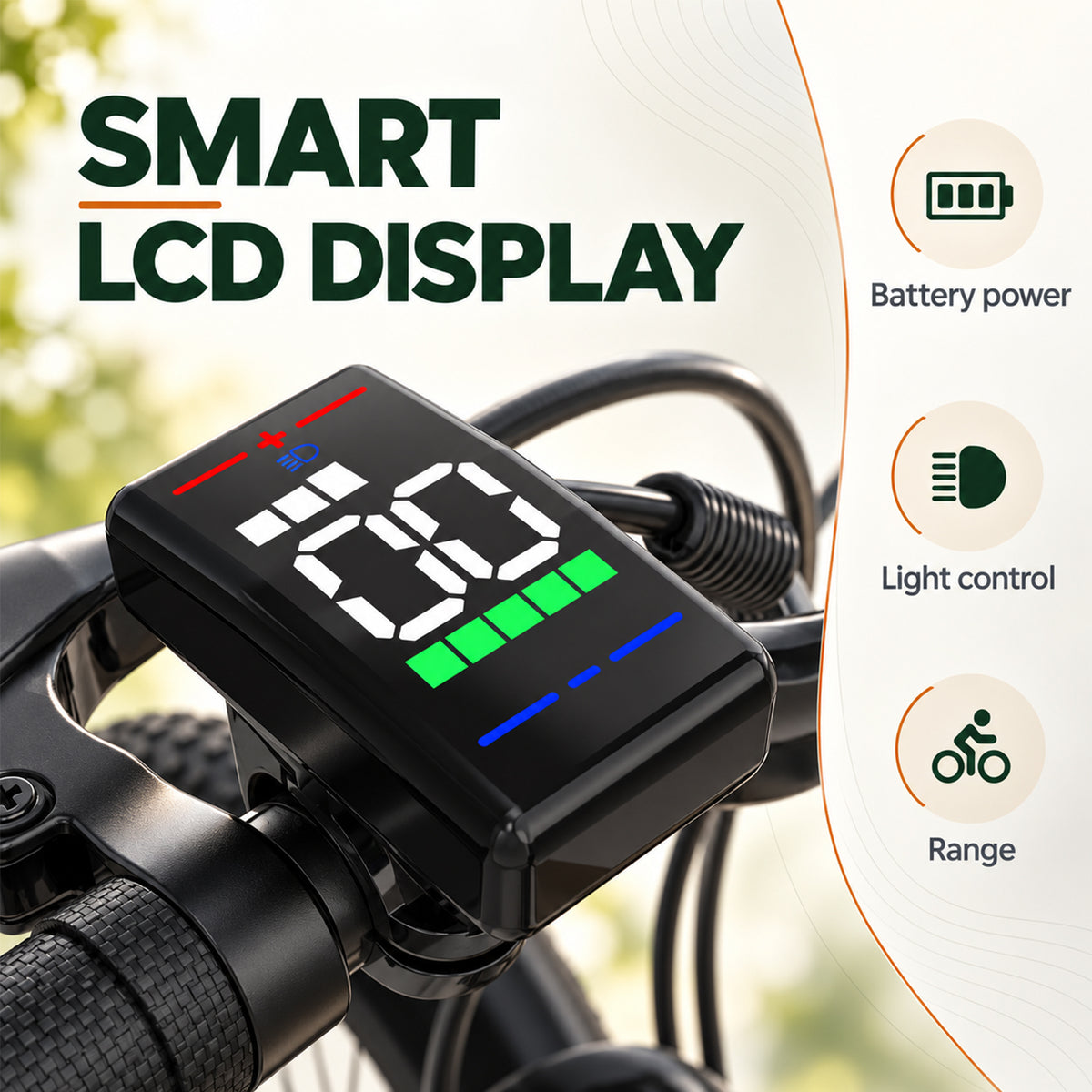 SUNNIGOO M2 colour LCD display showing speed and assist level – battery power, light control and range