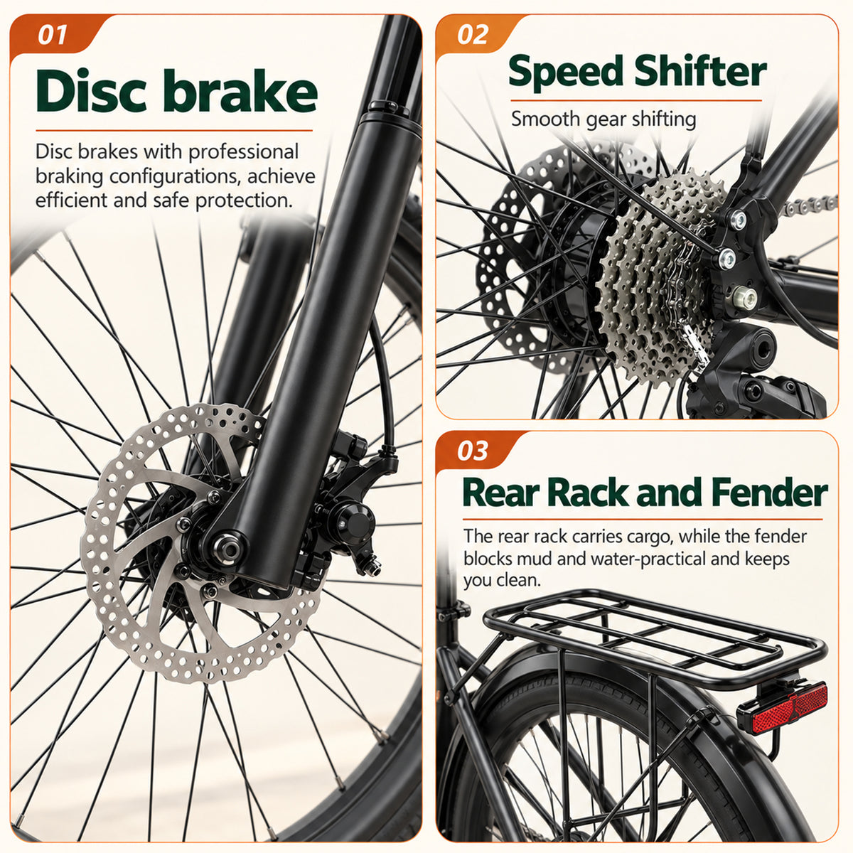 SUNNIGOO M2 mechanical disc brake and Shimano 7-speed drivetrain close-up