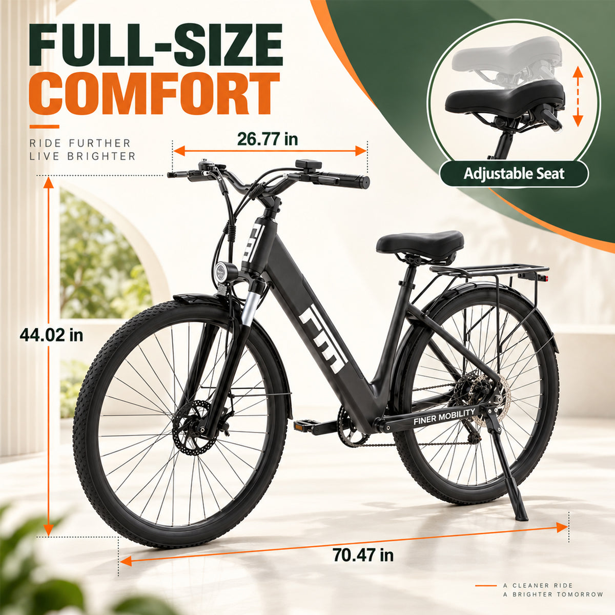 SUNNIGOO M2 PLUS electric bike dimensions – 70.47 in long, 26.77 in handlebar width, adjustable saddle