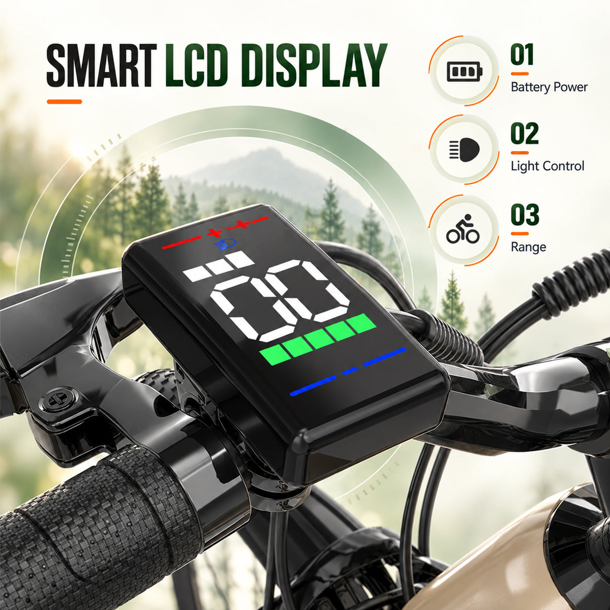 SUNNIGOO M2 PLUS colour LCD display showing speed and assist level – battery power, light control and range