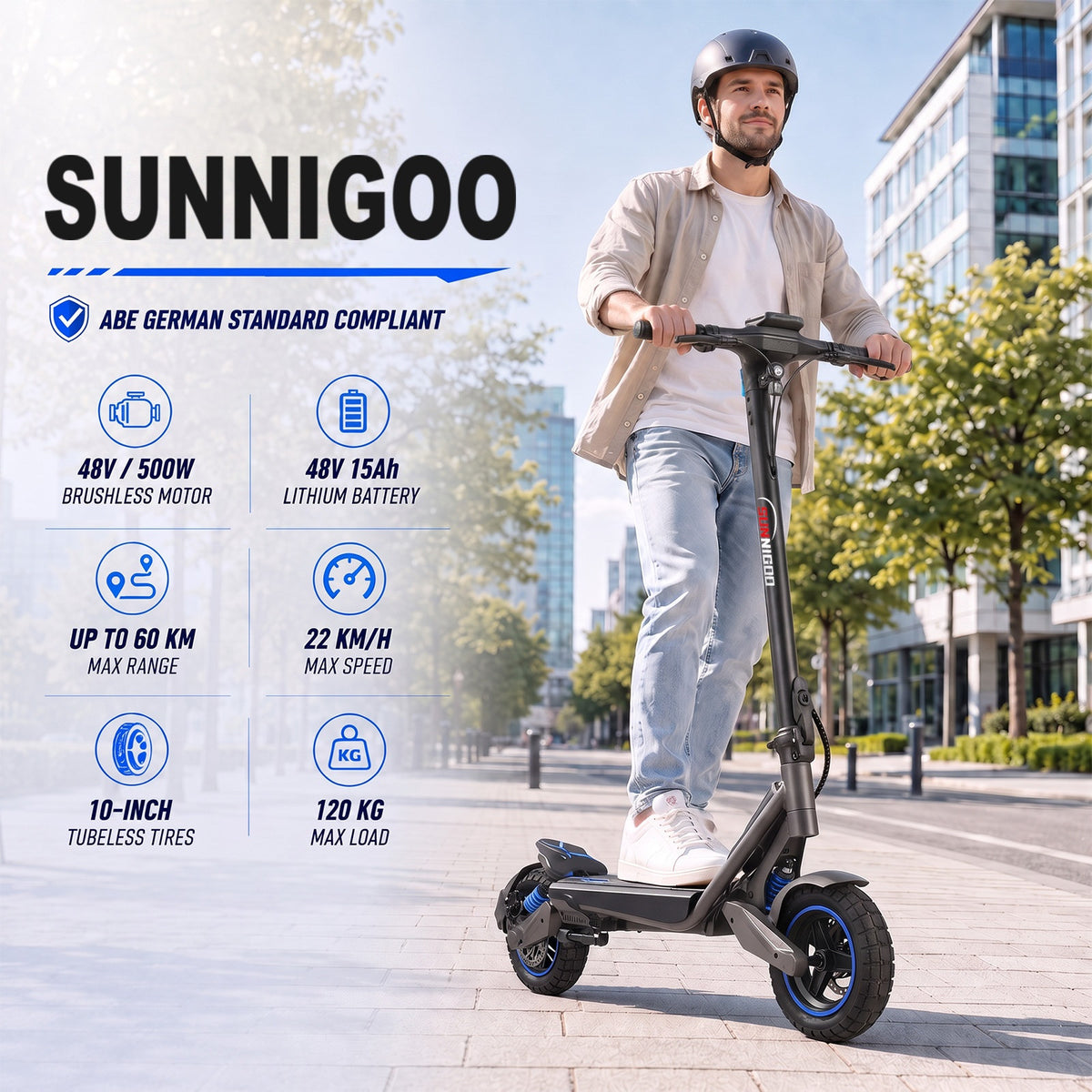 SUNNIGOO G7 ABE electric scooter key specs - 48V 500W brushless motor, 48V 15Ah battery, 60km range, 20 km/h, 10 inch tubeless tires, 120kg max load