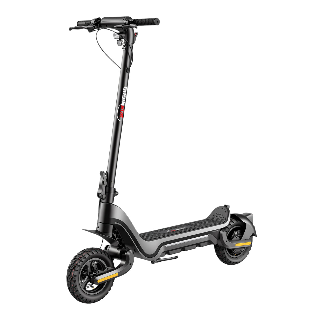 SUNNIGOO J5 600W off-road electric scooter - front three-quarter view showing front disc brake and suspension