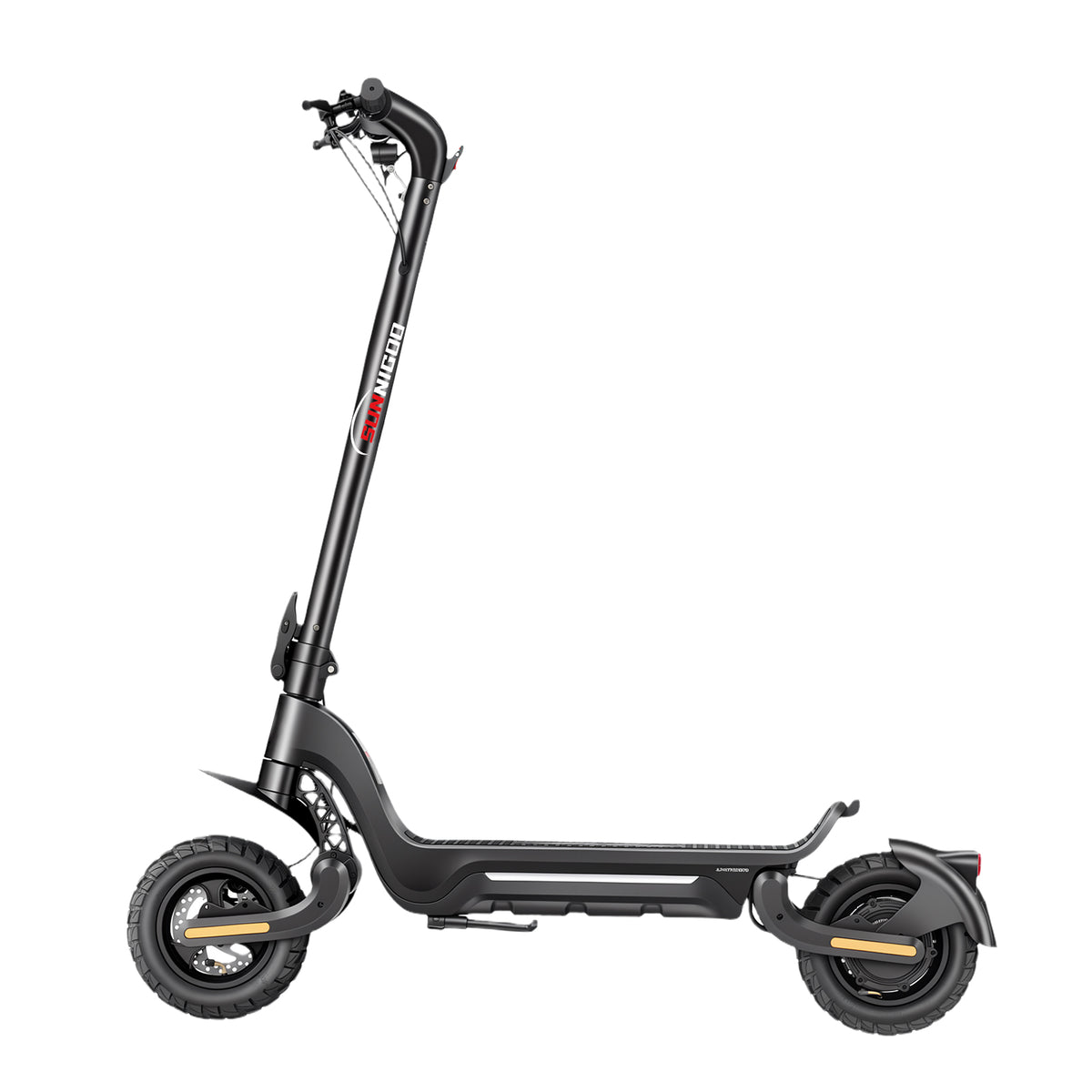 SUNNIGOO J5 600W off-road electric scooter - rear three-quarter view showing rear disc brake and wide deck