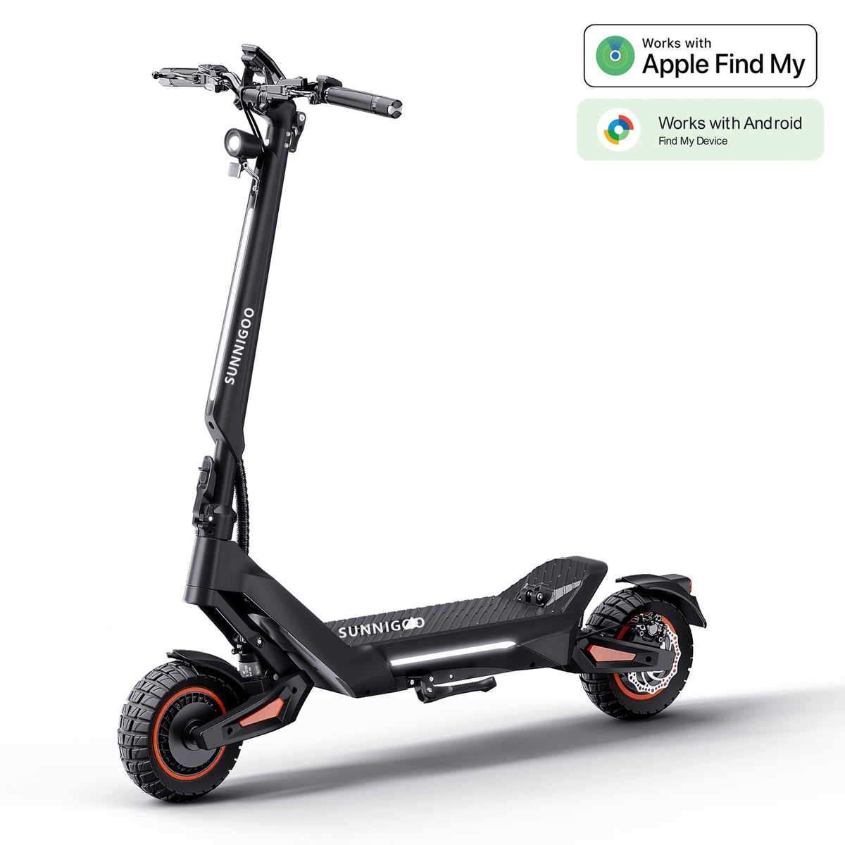 SUNNIGOO J7 Max 5000W dual motor electric scooter 45-degree view with Apple Find My